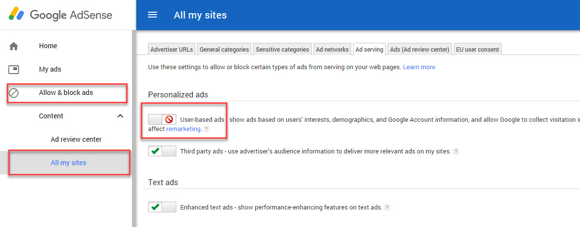 How to disable Google AdSense Personalized Ads or User-based ads