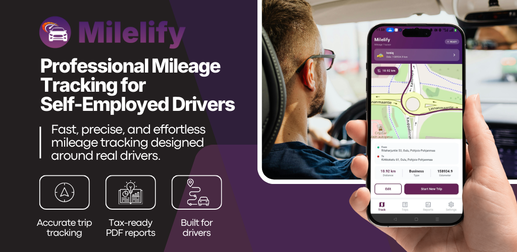 Milelify best mileage tracker app for self employed showing trip dashboard and GPS map